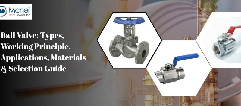 Ball valve types and industrial valve applications featuring Mcneil Instruments Inc. branding.