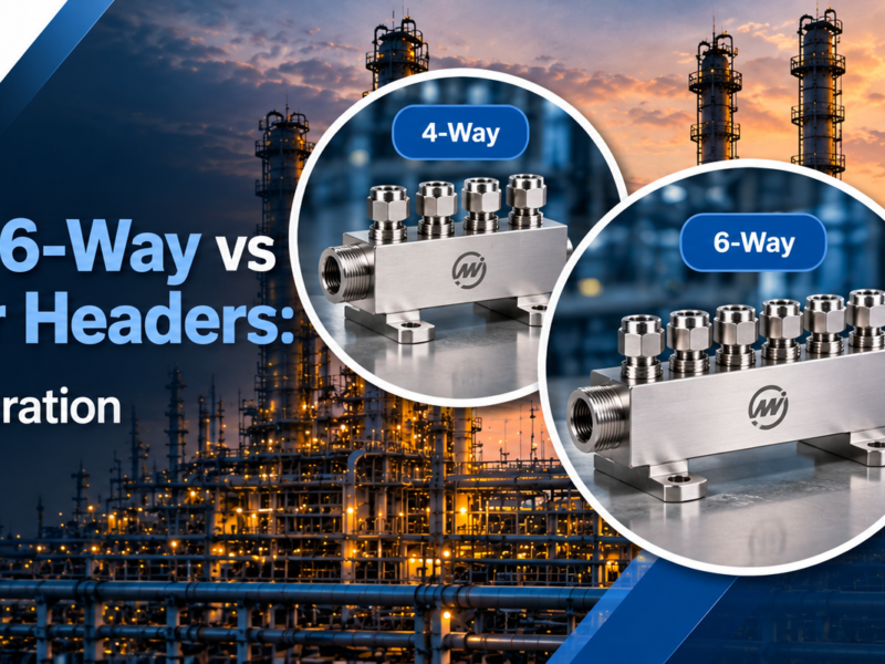 Mcneil Instruments 4-way, 6-way and 8-way stainless steel air headers for industrial instrumentation systems.