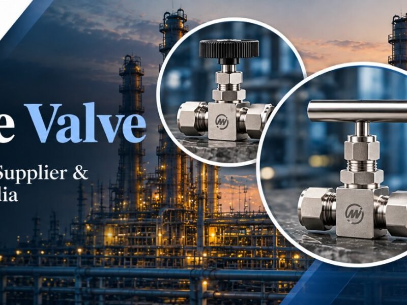 Mcneil Instruments Inc. needle valve manufacturer, supplier and exporter in India, featuring stainless steel needle valves against an industrial refinery background.