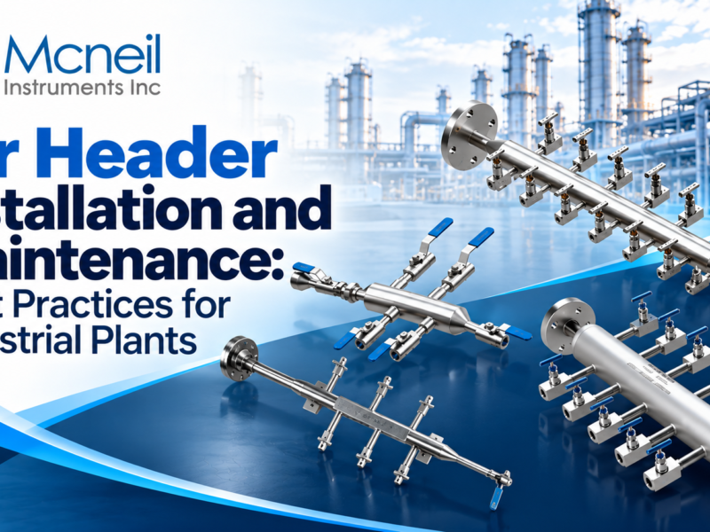 Air header installation and maintenance equipment by McNeil Instruments Inc., featuring stainless steel air distribution manifolds with multiple valves against an industrial plant background.