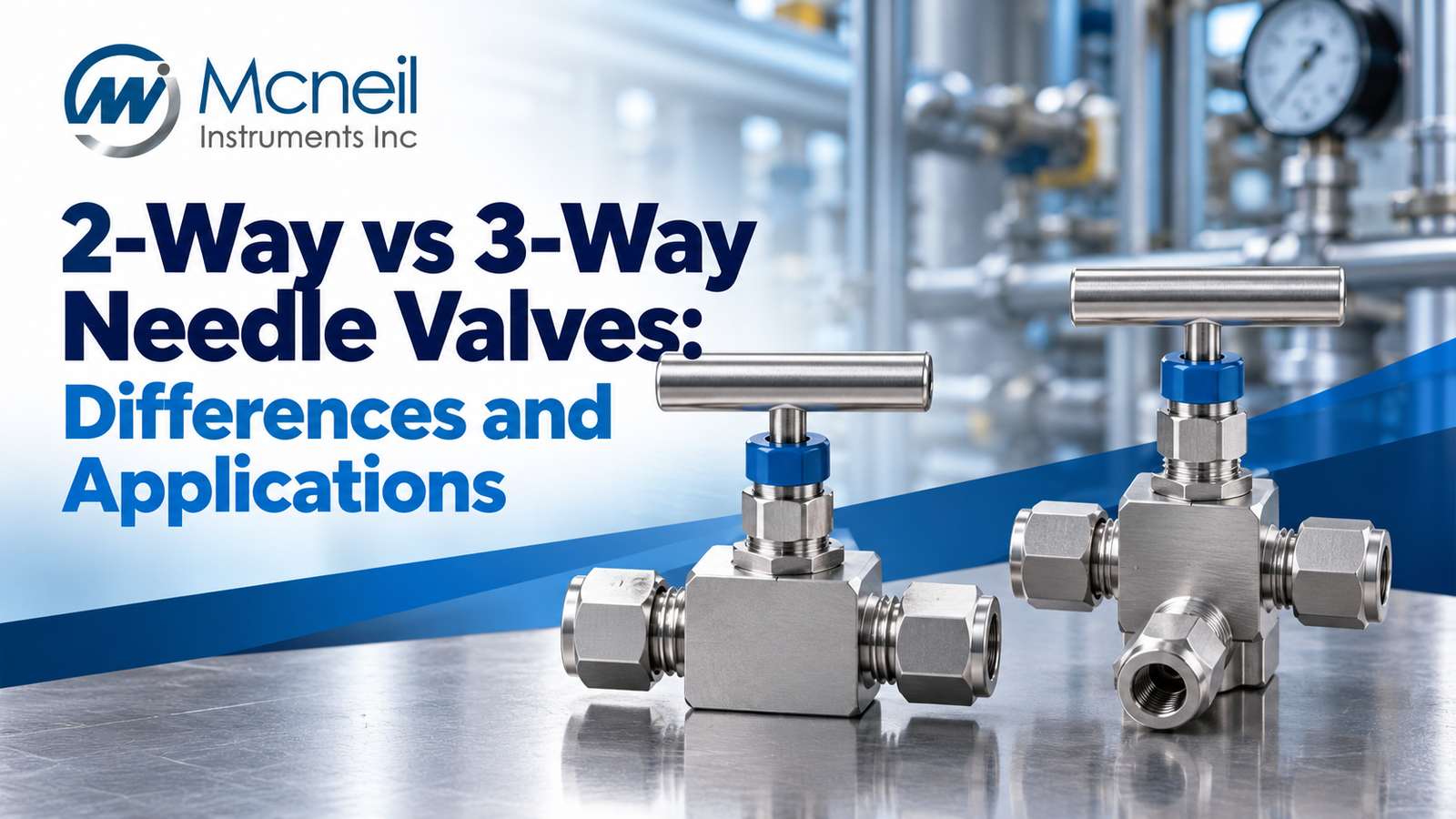 2-Way vs 3-Way Needle Valves: Differences and Applications – Mcneil Instruments industrial valve comparison banner featuring stainless steel needle valves.