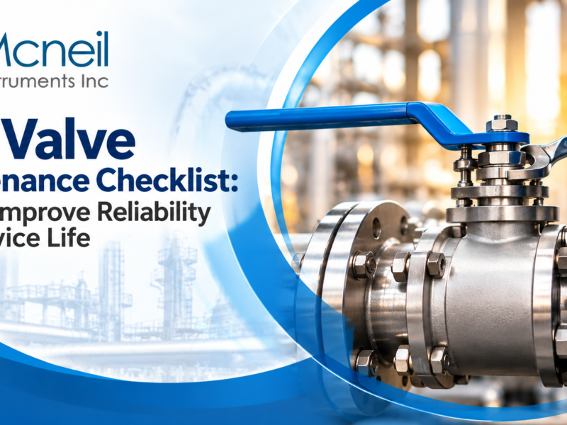 Ball valve maintenance checklist by Mcneil Instruments Inc. showing an industrial technician inspecting a stainless steel ball valve.